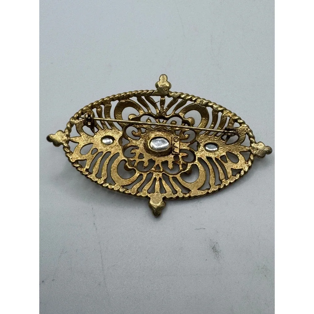 Vintage JJ Jonette Jewelry Gold Tone Filigree Blue Green Cabochon Brooch Pin